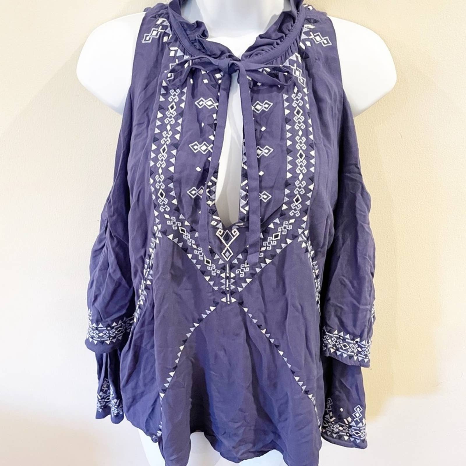 Parker Dylan Blouse Embroidered Bell Sleeve Blue S